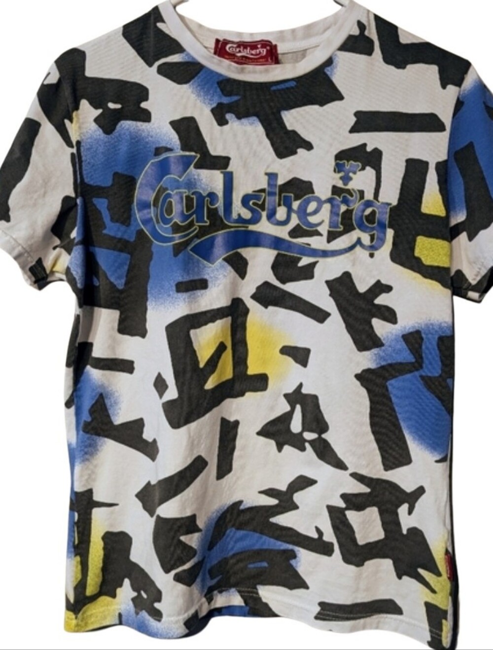 Carlsberg Mens Graphic Tee Shirt Made In Italy Abstract Blue Yellow Script M